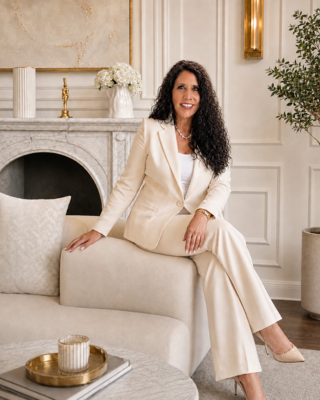 Denise Lones sitting in a beautifully-designed living room